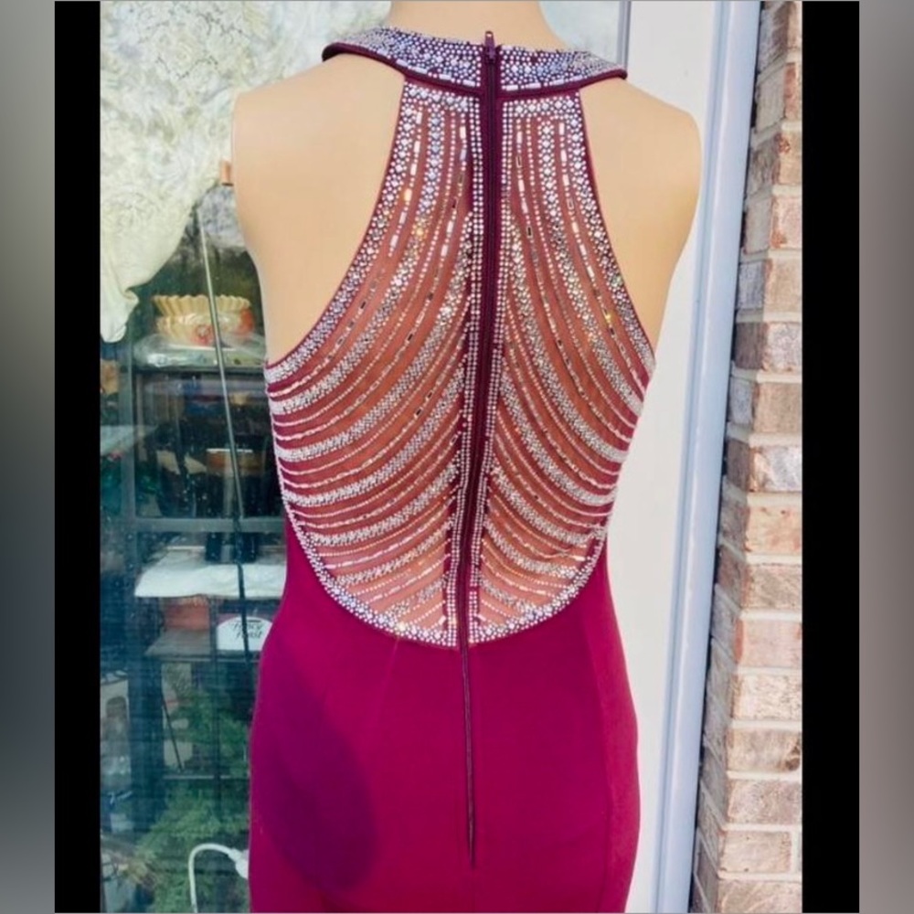 Wine Diamond Glam Formal Halter Prom Dress View 4